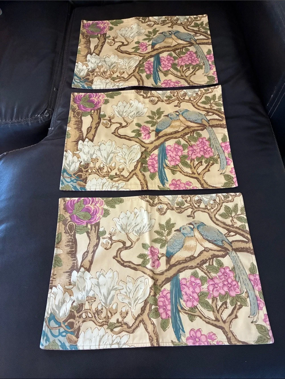 Juliska Beige Placemat Set of 3 with Blue Birds and Pink Flowers 19 X 14”